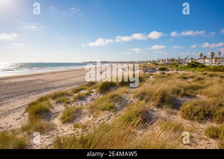 La Barrosa Strand in Chiclana de la Frontera, einer der bekanntesten und größten Strände in Cadiz (Andalusien, Spanien, Europa) Stockfoto