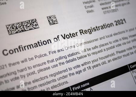 Wählerregistrierung 2021 Papierkram. Kommunalwahlen im Southend on Sea Borough Council. Verspätet aufgrund von COVID 19, Wahlabstimmungs-Registrierungsschreiben Stockfoto