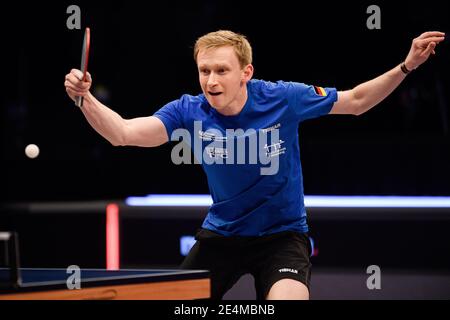 COVENTRY, GROSSBRITANNIEN. Januar 2021. Alexander Flemming (GER) gegen Marc Duran (ESP) beim World Ping Pong Masters 2021 in der Ricoh Arena am Sonntag, 24. Januar 2021 in COVENTRY, ENGLAND. Kredit: Taka G Wu/Alamy Live Nachrichten Stockfoto