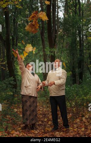Ein paar Rentner gehen in einem Herbstpark und werfen gelbe Blätter auf. Hochwertige Fotos Stockfoto
