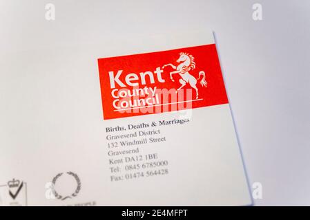 Briefüberschrift des Rates von Kent County. Geburten, Todesfälle und Ehen. Weißes Pferd von Kent, Logo, Symbol. Stockfoto
