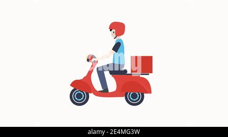 Vektor isolierte Illustration eines Liefermotorrad Guy. Mann in einem Motorrad, das eine Lieferung macht Stock Vektor