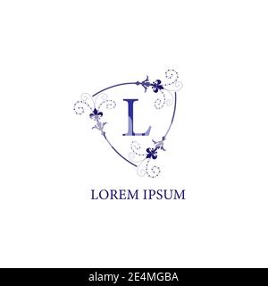 Dekorativer Blumenschild mit Lilienblume Ornament. Design-Vorlage für Anfangslogo des Buchstabens L Alphabet. Isoliert auf weißem Hintergrund. Violette Violette Farbe Stock Vektor