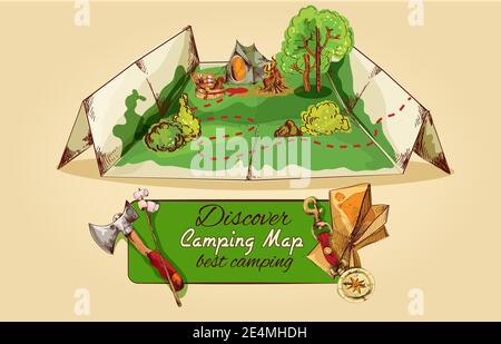 Tourist Camping Karte Skizze mit Axt Zelt Lagerfeuer Picknick-Box vektorgrafik Stock Vektor