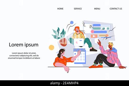 Webbanner für agiles System der Verwaltung und Entwicklung mit Team von Entwicklern Notizen auf Plantafel und Arbeit in Zusammenarbeit an Projekt. Ag Stock Vektor