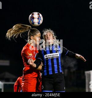 Woluwe, Belgien. Januar 2021. Lies Tambeur (15) von Woluwe und Talitha De Groote (20) vom Club Brugge Kampf um den Ball während eines weiblichen Fußballspiels zwischen FC Femina White Star Woluwe und Club Brugge YLA am elften Spieltag der Saison 2020 - 2021 der belgischen Scooore Womens Super League, Freitag 22 Januar 2021 in Woluwe, Belgien . FOTO SPORTPIX.BE / SPP / SEVIL OKTEM Quelle: SPP Sport Press Foto. /Alamy Live Nachrichten Stockfoto