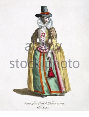 Habit einer Engländerin im Jahr 1626, Vintage Illustration aus dem 17. Jahrhundert Stockfoto