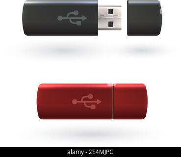 Rote und schwarze USB-Sticks 3d realistische Objekte isoliert Vektorgrafik auf weißem Hintergrund Stock Vektor