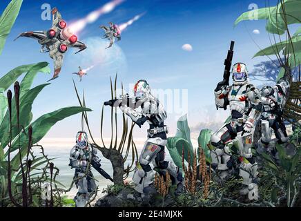 Futuristische SciFi-Soldaten in Kampfpanzerung besetzen einen fremden Planeten, 3d-Rendering-Illustration. Stockfoto