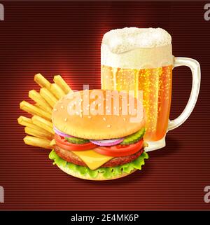 Hamburger pommes Frites und Bierglas Becher realistische Hintergrund Vektor Abbildung Stock Vektor