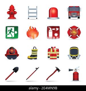 Feuerwehrmann realistische Icons Set mit Axt Helm Emblem Maske isoliert vektorgrafik Stock Vektor