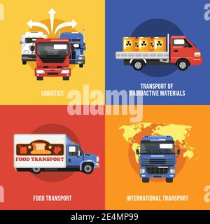 Truck Icons Flat Set mit Logistik radioaktive Materialien Lebensmittel international Isolierte Vektordarstellung transportieren Stock Vektor