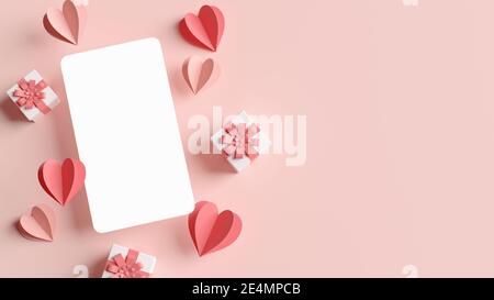 Valentinstag vertikale Grußkarte mockup von Papier Herzen und Geschenke in 3D-Rendering umgeben. Rosa flach Lay Illustration Jahrestag Hochzeit invi Stockfoto