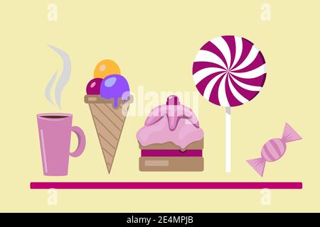 Set von süßen Lebensmitteln Kaffee Eis Kuchen Süßigkeiten Stock Vektor