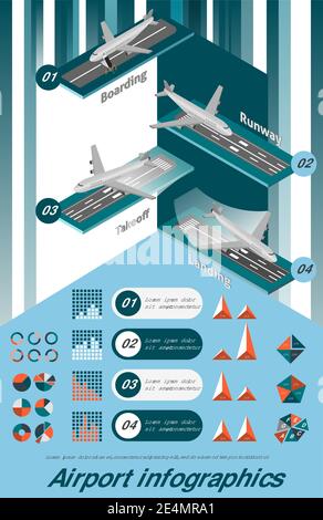 Infografik zum Flughafen-Set mit isometrischen Boarding-Start-Landebahn-Elementen Und Diagramme Vektordarstellung Stock Vektor