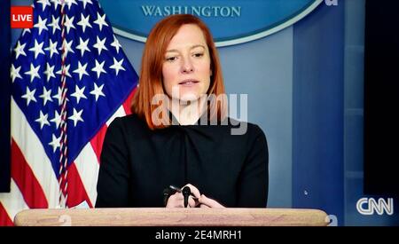 Ein CNN-TV-Screenshot von Jen Psaki, dem Pressesprecher des Weißen Hauses, der während der ersten Woche des US-Präsidenten Joe Biden im Amt war. Stockfoto