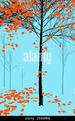 Ein Baum mit leuchtend orangefarbenen Blättern, die im Herbst fallen, wird vor einem cyanfarbenen Hintergrund gesehen, während andere Bäume in der Ferne verblassen. Stockfoto