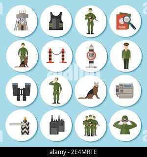 Border Guard Icon Aufkleber flach Set mit Soldaten im Militär Einheitliche Tarnung isoliert Vektor Illustration Stock Vektor