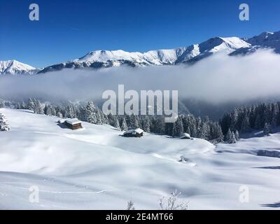 Schamserberg, Schweiz: Winterlandschaft des Naturparks Schamserberg und Piz Beverin. Stockfoto