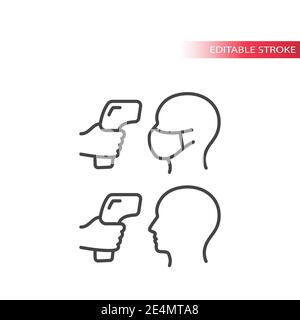 Stirn- oder Infrarot-Thermometer mit menschlichem Kopf. Temperaturmessung dünne Linie Vektor-Symbol, editierbare Kontur. Stock Vektor