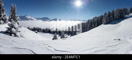 Schamserberg, Schweiz: Winterlandschaft des Naturparks Schamserberg und Piz Beverin. Stockfoto