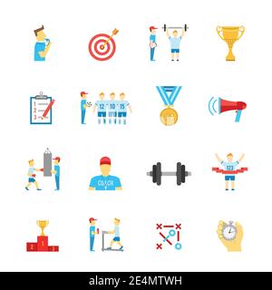 Coaching Fußball Team Planung Boxen Training flach Symbole mit gesetzt Trophäengewinner abstrakte isolierte Vektor-Illustration Stock Vektor