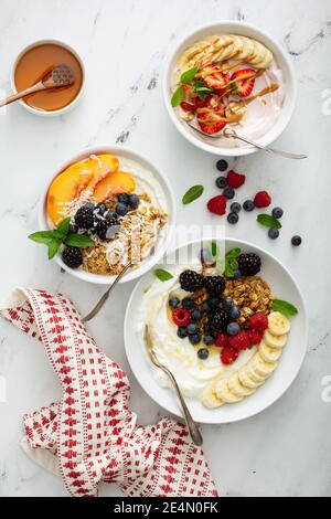 Verschiedene Joghurtschüsseln mit Erdbeere und einfachem Joghurt Stockfoto