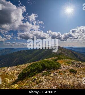 Sommersonne über den Karpaten. Blick vom steinigen Vysoka Berg auf Ihrovets und andere Gorgay massive Berge, Ukraine. Stockfoto