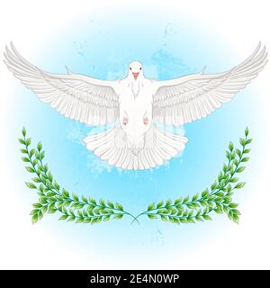 Weiße Taube fliegt mit ausgebreiteten Flügeln. Pigeon Vektorgrafik. Religion, Hochzeit, Frieden, Pazifismus, Konzept im Cartoon-Design. Symbol der Liebe und Boten Stock Vektor