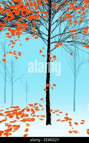 Ein Baum mit leuchtend orangefarbenen Blättern, die im Herbst fallen, wird vor einem cyanfarbenen Hintergrund gesehen, während andere Bäume in der Ferne verblassen. Stockfoto