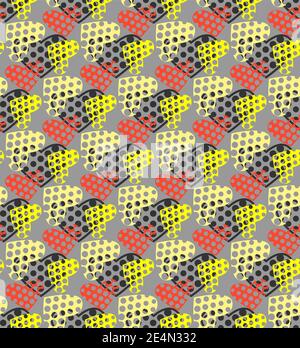 Herz formt nahtloses Muster. Stilvoller moderner Fantasy-Hintergrund, Banner, Cover, Poster in den Farben schwarz, rot, gelb, grau Stock Vektor