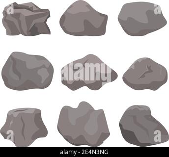 Rock Stone Cartoon Vektor in einem flachen Stil mit einer Vielzahl von Formen und Schattierungen gesetzt. Cartoon-Requisiten für Außendekoration. Stock Vektor