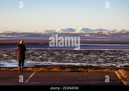 Hest Bank, Lancashire, Großbritannien. Januar 2021. Eine Frau mit einem Mobiltelefon nimmt den Blick auf die schneebedeckten Südlakeland Fells vom Südufer der Morecambe Bay Kredit: PN News/Alamy Live News Stockfoto