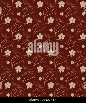 Natur florales Nahtloses Muster. Skizze handgezeichnetes Design von Blättern, Blumen. Brauner Hintergrund ist leicht zu ändern Stock Vektor