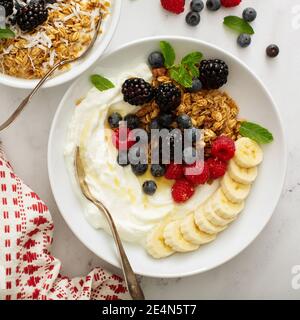 Verschiedene Joghurtschüsseln mit Erdbeere und einfachem Joghurt Stockfoto