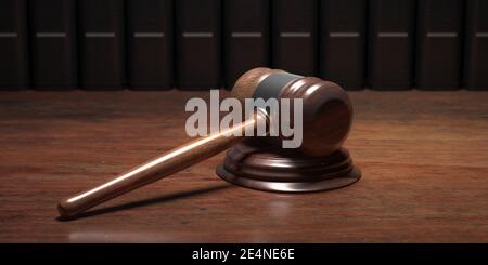 Richter gavel auf hölzernen Schreibtisch, Rechtsbücher Hintergrund Anwaltsbüro, Gerichtsgebäude, Gesetzgebung Konzept. 3d-Illustration Stockfoto