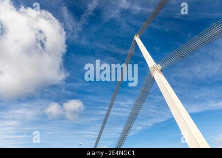 Kabel auf Hängebrücke, Severn Bridge, Chepstow, Wales, Großbritannien Stockfoto