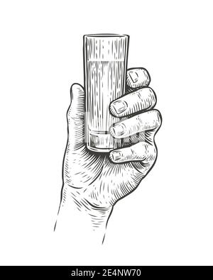 Hand hält einen Schuss Alkohol. Vektor-Illustration mit Vintage-Skizzen Stock Vektor