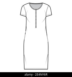 Hemdkleid technische Mode-Illustration mit henley Hals, kurze Ärmel, knielang, übergroß, Bleistift Fülle. Flache Bekleidungsvorlage vorne, weiß. Frauen, Männer, Unisex CAD Mockup Stock Vektor