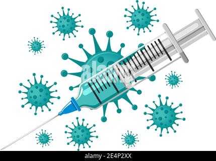 Virenschutzkonzept. Realistische Zeichnung einer Spritze mit einem Impfstoff und Coronavirus-Bakterien. Flaches Design, Vektor Stock Vektor