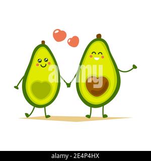 Niedliche Cartoon Avocado Paar Hände halten, Valentinstag Grußkarte. Avocado Liebe mit Herzen Stockfoto