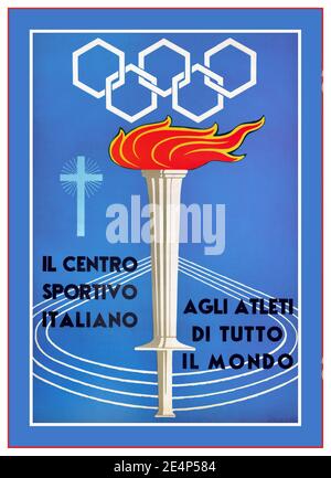 1960 PLAKAT für die OLYMPISCHEN SOMMERSPIELE IN ROM - Il Centro Sportivo Italiano agli Atleti Di Tutto Il Mondo / das italienische Sportzentrum für Sportler aus aller Welt - mit einer flammenden Taschenlampe aus den Olympischen Sommerspielen 1960 in Rom mit einem minimalistischen Design des sportlichen Laufs In der Ferne vor blauem Hintergrund mit einem römisch-katholischen Kreuz auf der Seite und olympischen Ringen in sechseckigen Formen oben. A cura del comitato civico herausgegeben von der Bürgerkommission Italien, 1960er Jahre Stockfoto