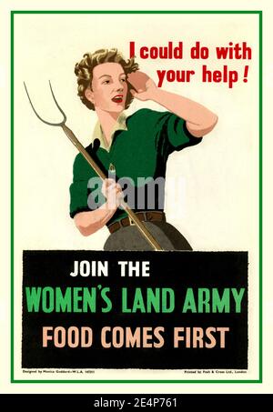 Woman's Land Army UK 1940er's WW2 Recruitment Poster für die British Woman's Land Army UK "Ich könnte mit Ihrem tun Help' World war II Zweiten Weltkrieg 'Join the Women's Land Army FOOD COMES FIRST' Design von Monica Goddard gedruckt Von Fosh & Cross London Lebensmittelproduktion für die Briten Inseln, um die Kriegsanstrengungen zu unterstützen Stockfoto