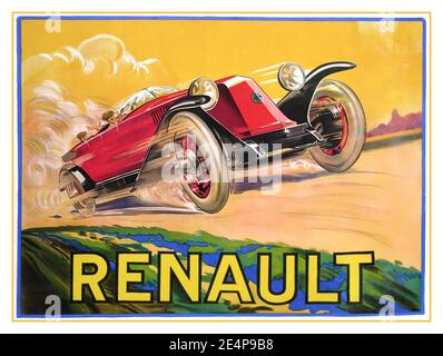 Vintage 1900 Renault Lithograph Französisch Werbeplakat von René de Bas gedruckt bei J Minot Paris 1920 - RENAULT EU CABRIO-MOTORWAGEN Frankreich Stockfoto