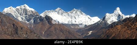 Panoramablick auf Mount Everest, Lhotse und Ama Dablam von Kongde - Sagarmatha Nationalpark - Nepal Stockfoto