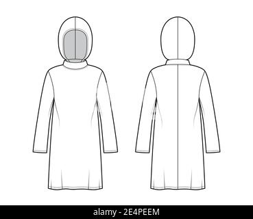 Modest Hijab Tunika technische Mode Illustration mit langen Ärmeln, überdimensional, unter-die-Knie-Länge, Kapuze. Flatshirt Bekleidung top Schablone vorne, hinten, weiß. Frauen Männer Unisex CAD mockup Stock Vektor