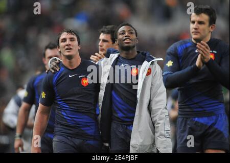 Die Franzosen Louis Picamoles und Fulgence Ouedraogo beim RBS 6 Nations Match zwischen Frankreich und Irland am 9. Februar 2008 im Stade de France in Saint Denis bei Paris. Frankreich gewann 26-21. Foto von Nicolas Gouhier/Cameleon/ABACAPRESS.COM Stockfoto