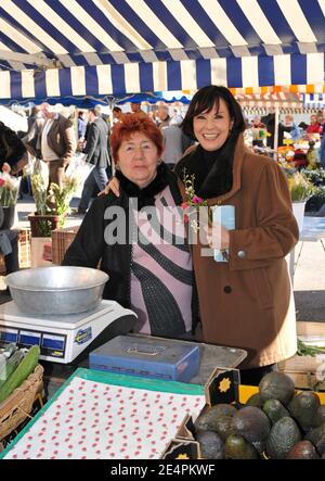 Die ehemalige TV-Persönlichkeit Denise Fabre wirbt für die Bürgermeisterwahl in Nizza, Frankreich, am 9. Februar 2008. Fabre ist Teil der Liste der UMP "Nice Ensemble", die von Minister Christian Estrosi geführt wird. Foto von Eric Boizet/ABACAPRESS.COM Stockfoto