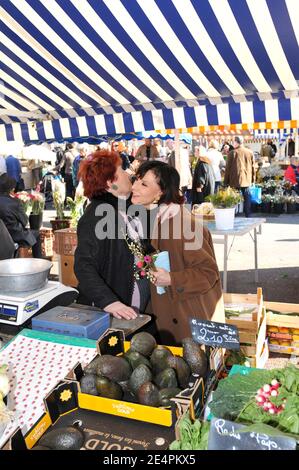 Die ehemalige TV-Persönlichkeit Denise Fabre wirbt für die Bürgermeisterwahl in Nizza, Frankreich, am 9. Februar 2008. Fabre ist Teil der Liste der UMP "Nice Ensemble", die von Minister Christian Estrosi geführt wird. Foto von Eric Boizet/ABACAPRESS.COM Stockfoto