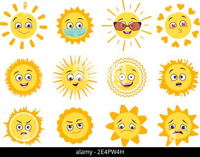 Sonne Symbole setzen mit verschiedenen Emotionen, Maske und Brille Stock Vektor